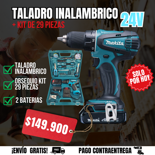 TALADRO INALAMBRICO MAKITA 24V + KIT 29 PIEZAS🎁