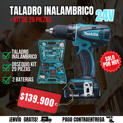 TALADRO INALAMBRICO MAKITA24V + KIT 29 PIEZAS🎁