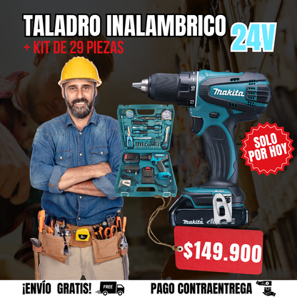 TALADRO INALAMBRICO MAKITA 24V + KIT 29 PIEZAS🎁